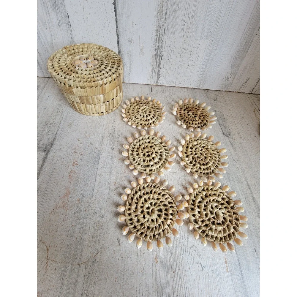 Vintage wicker coaster puka shell Beach unique home decor set container